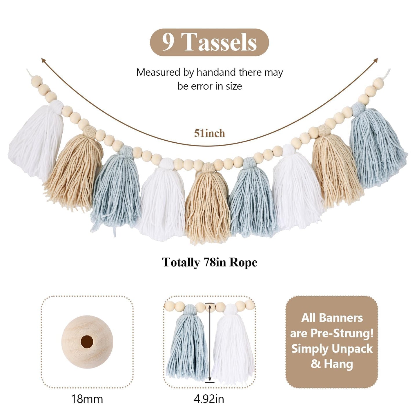 Coastal Boho Blue Tassel Garland Room Decor, Handmade Yarn Wood Beads Banner for Nursery, Baby Boy Shower Decorations for Wall Hanging, Classroom Decor, Birthday Party and Photo Backdrop