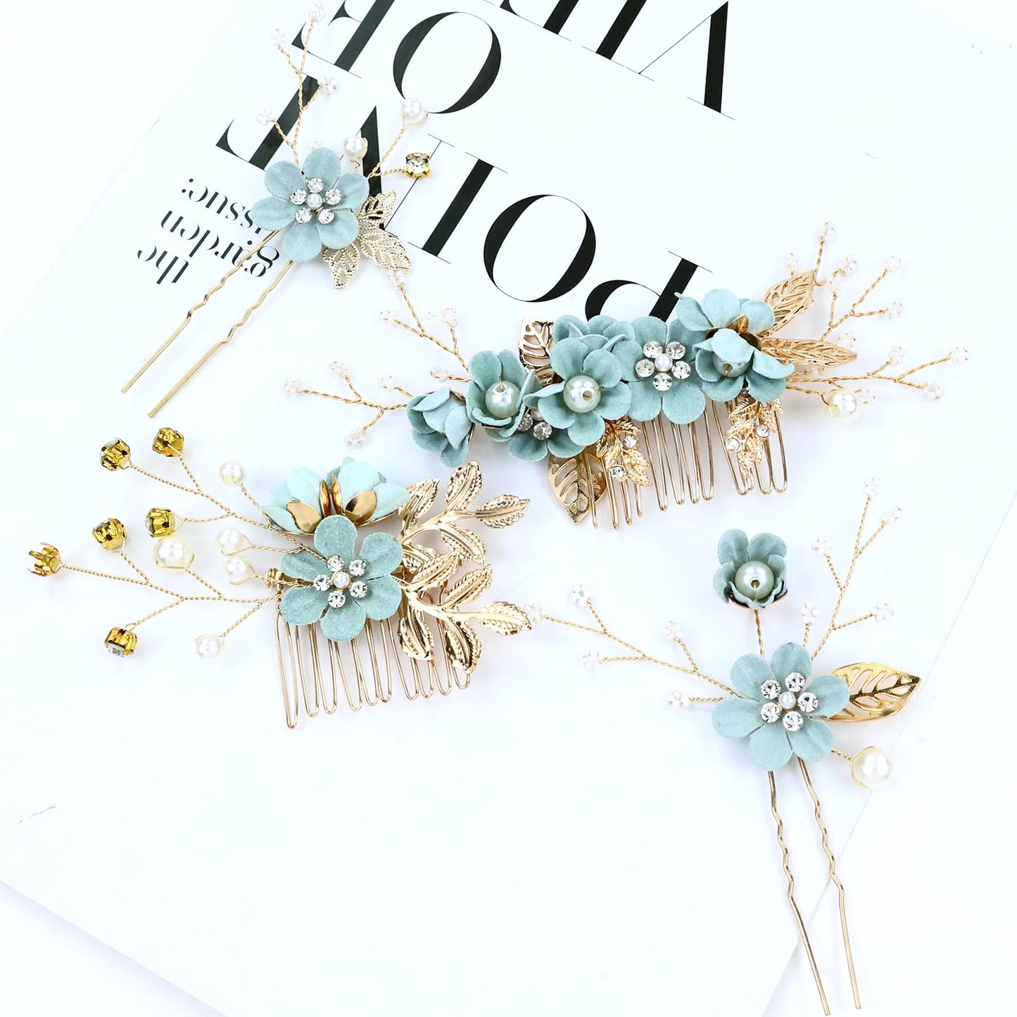inSowni 20 Pieces Rhinestone Pearl Bridal Wedding Party Prom Light Green Flower Hair Side Combs Slides +U-shaped Floral Hair Pins+Twist Spiral Pearl Hairpins for Brides Bridesmaids Girls Women