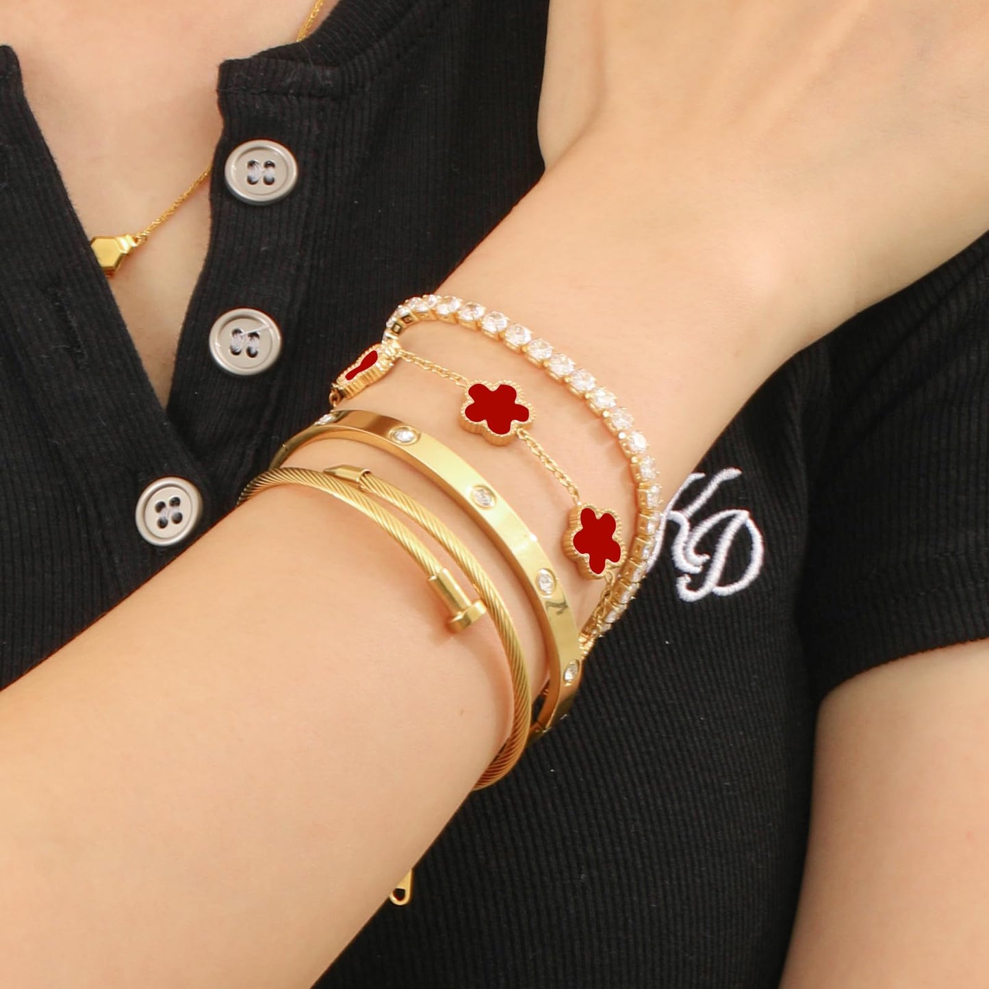 MEIERYA 18K Gold Plated Womens Stackable Floral Bracelets Set,Twisted Cable Bangle,Trendy Jewelry,Waterproof adjustable bracelet,Christmas Birthday Gifts for Girlfriend or Mother. (07-Color-red)
