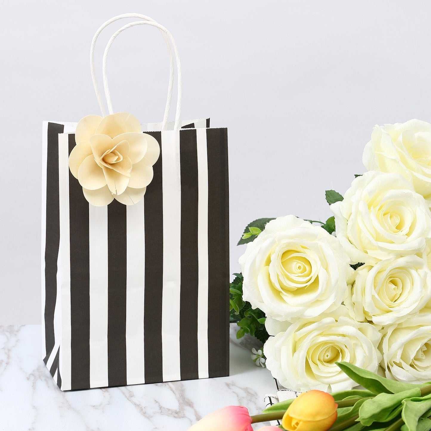Ronvir 50Pcs Small Gift Bags, 5.25x3.25x8 Inches Black & White Striped Recycled Kraft Paper Bag with Handles Bulk for Christmas, Party Favors, Shopping, Goodie, Birthday, Retail, Halloween,Business,Gift Wrapping