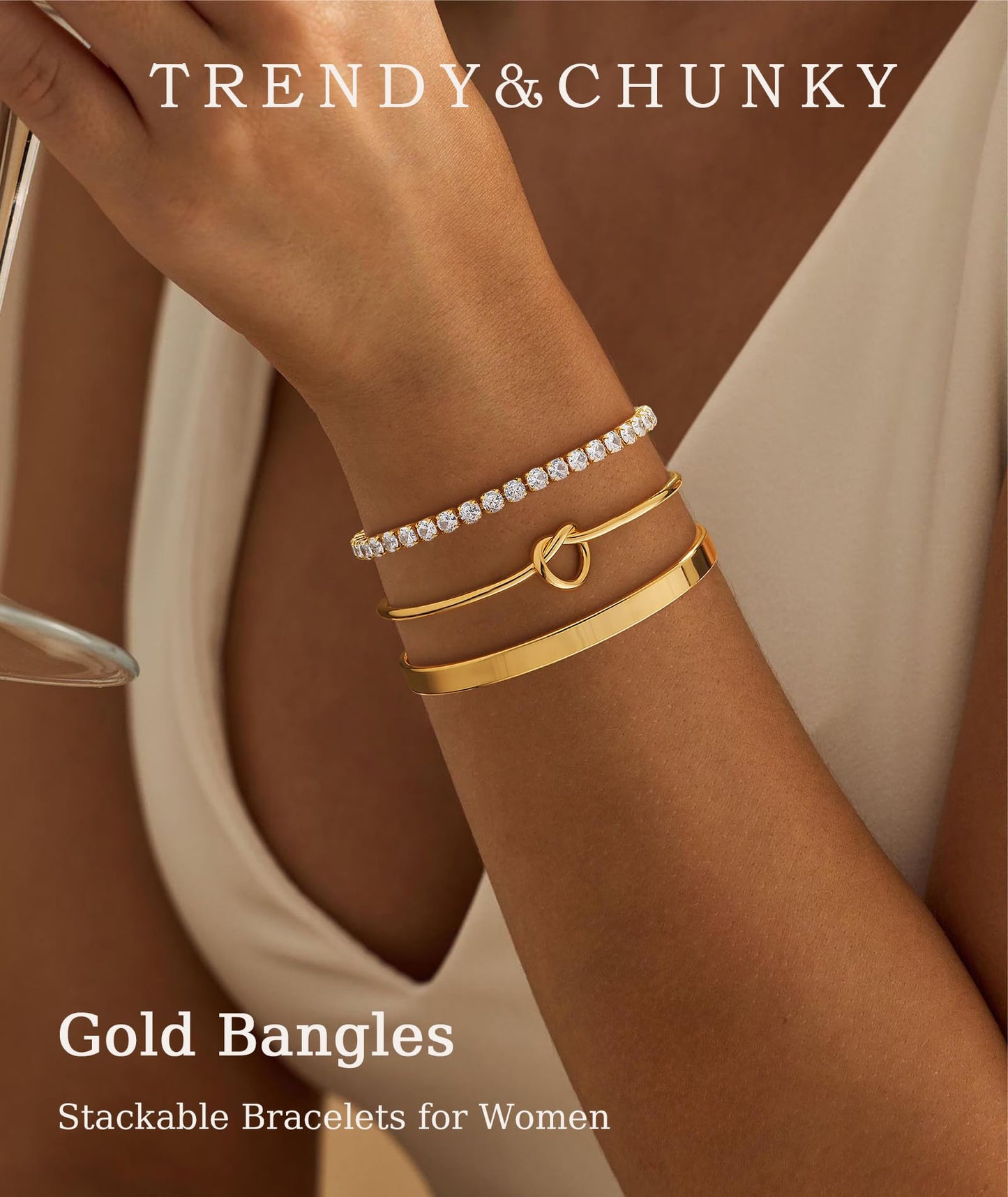 ZOERAY Silver Gold Bangle Bracelets for Women Non Tarnish 14k Gold Plated Stackable Cuff Bracelets for Women Trendy Cubic Zirconia Stainless Steel Chunky Bracelet Stack Set Waterproof Jewelry Gifts