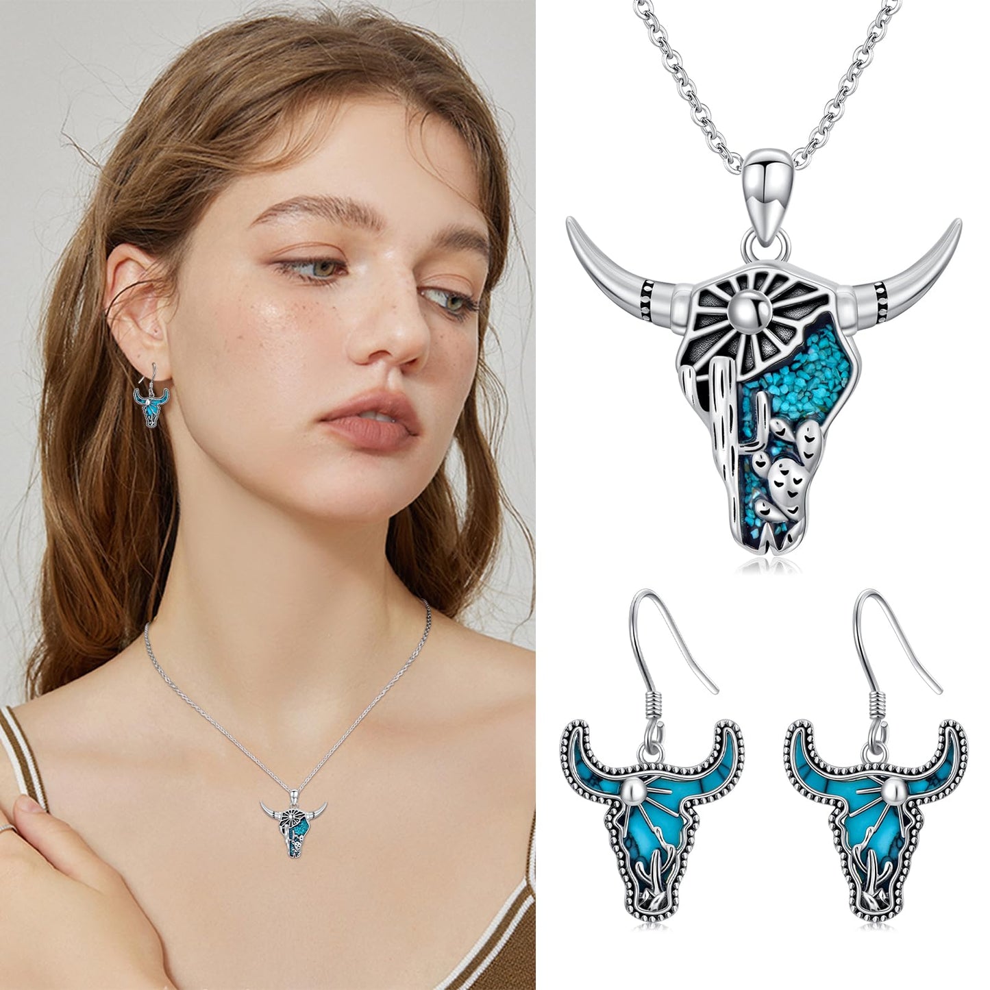 KoyeKei Western Cow Skull Earrings for Cowgirl Cowboy 925 Sterling Silver Longhorn Cow Skull Cactus Turquoise Dangle Drop Earrings Country Jewelry Bohemian Gifts for Women