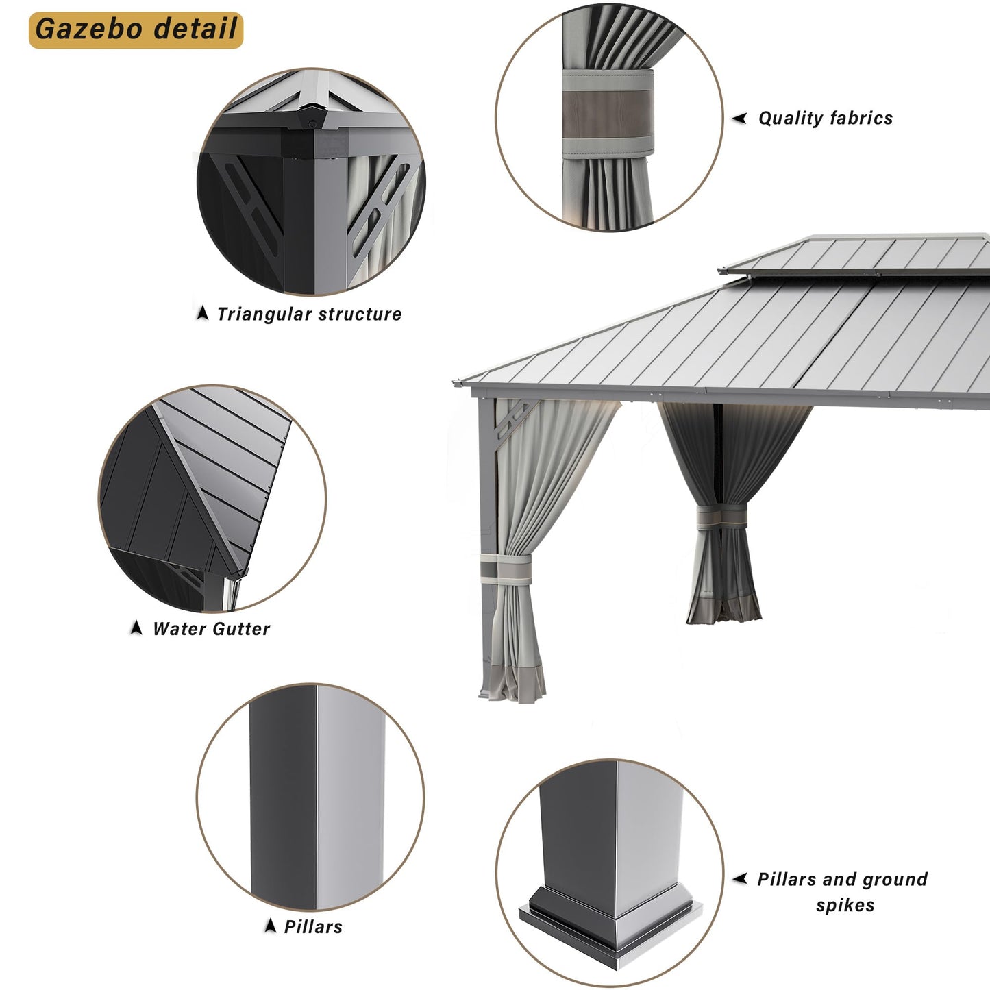 RTDTD 12' x 20' Hardtop Gazebo,Outdoor Aluminum Frame Permanent Pavilion Double Galvanized Steel Roof Pergola with Nettings and Curtains for Patio Lawns Backyard Deck,Grey