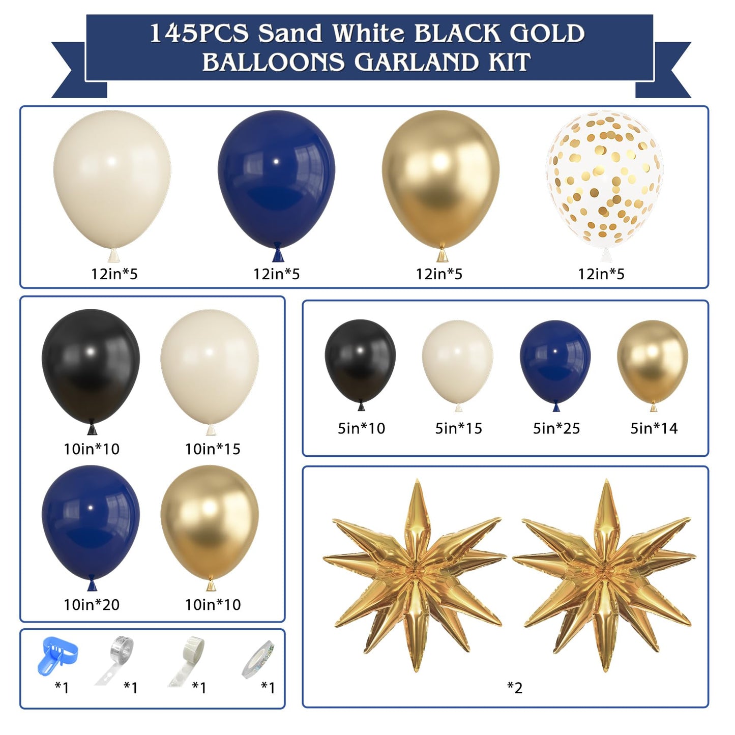 Amandir Navy Blue Gold Balloons Garland Arch Kit for Graduation Party Decorations, 145Pcs Gold Black Confetti Balloons with Foil Star for 2026 Graduation College Congrats Grad Class Birthday Supplies