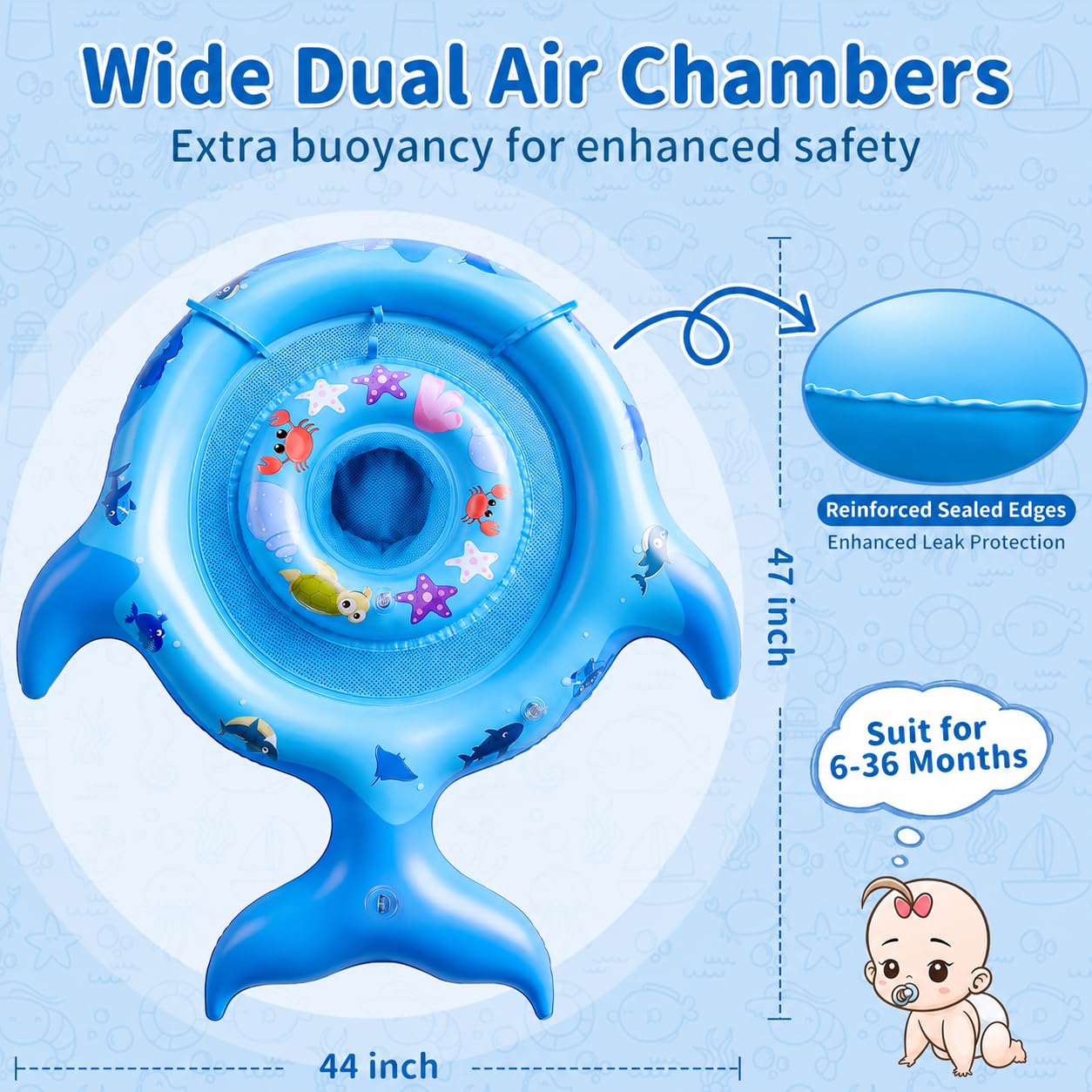 Inflatable Baby Pool Float with Sun Canopy, UPF50 Sun Protection, Portable & Easy to Store, Padded Safety Seat with, Includes Air Pump, with Toys Baby Swim Float for 6-36 Months Boys & Girls(Blue)
