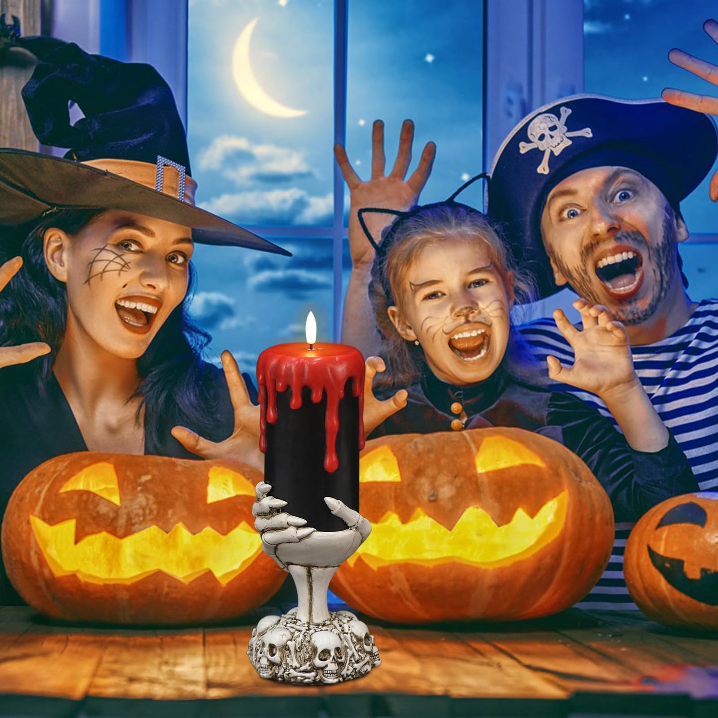DRomance Black Flameless Flickering Candles with Timer, Blood Dripping Wax Effect Battery Operated LED Pillar Candle with Skeleton Hand Candle Holder Halloween Table Centerpiece Decor(4" x 11"")"