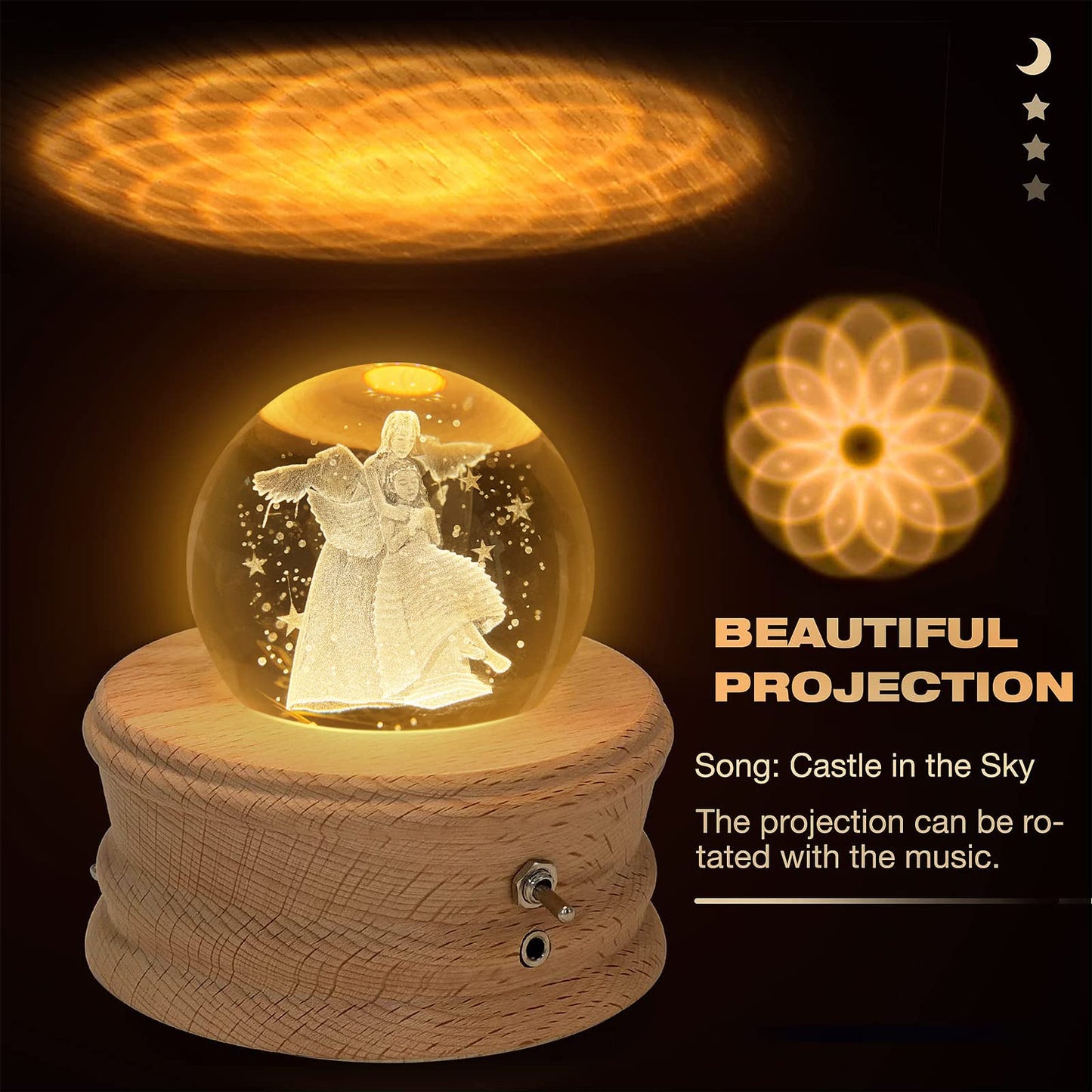 Kibuhain 3D Crystal Ball Music Box with Projection LED Light and Rotating Wooden Base, Best Gift for Christmas,Valentine's Day, Music Boxes for Women Mom Girls-Castle in The Sky