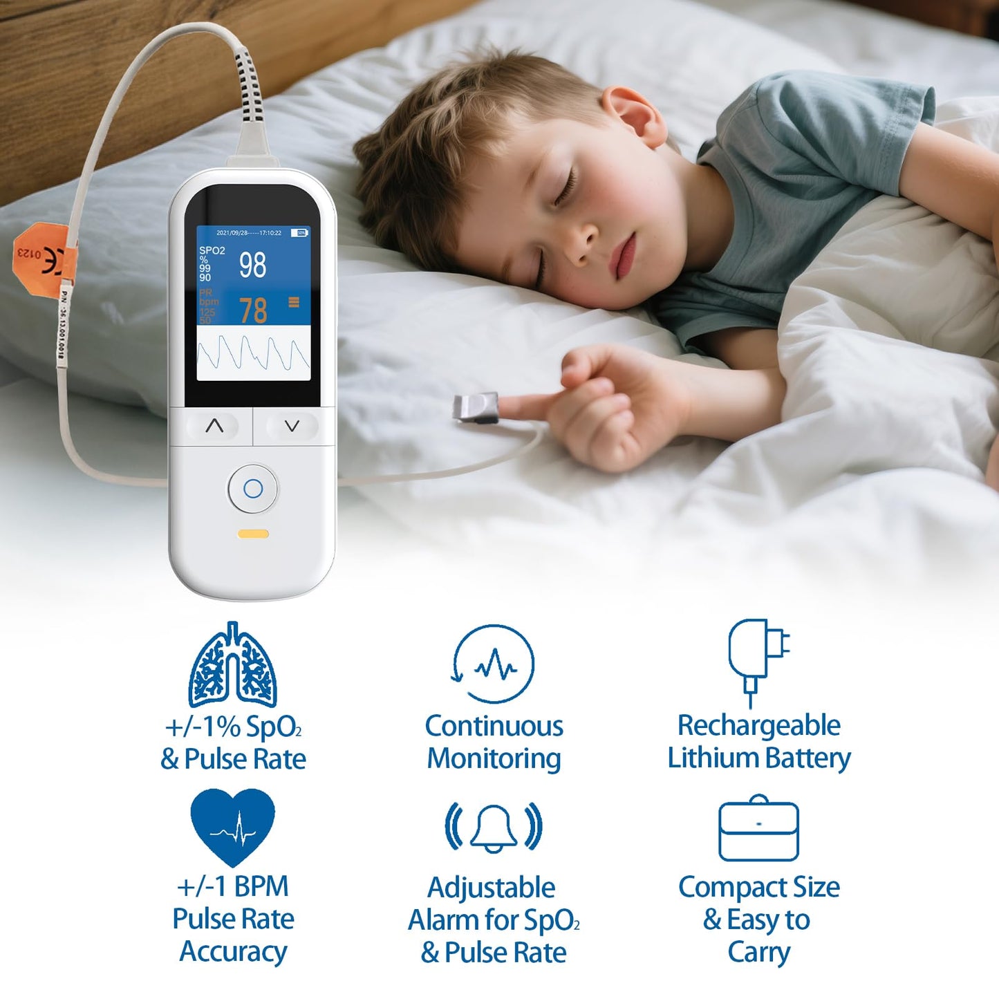 Handheld Pulse Oximeter for kids - Continuous Oxygen & Heart Rate Monitor with Adjustable SpO2 & Pulse Alarms - Pulse Oximeter Medical Grade for kids