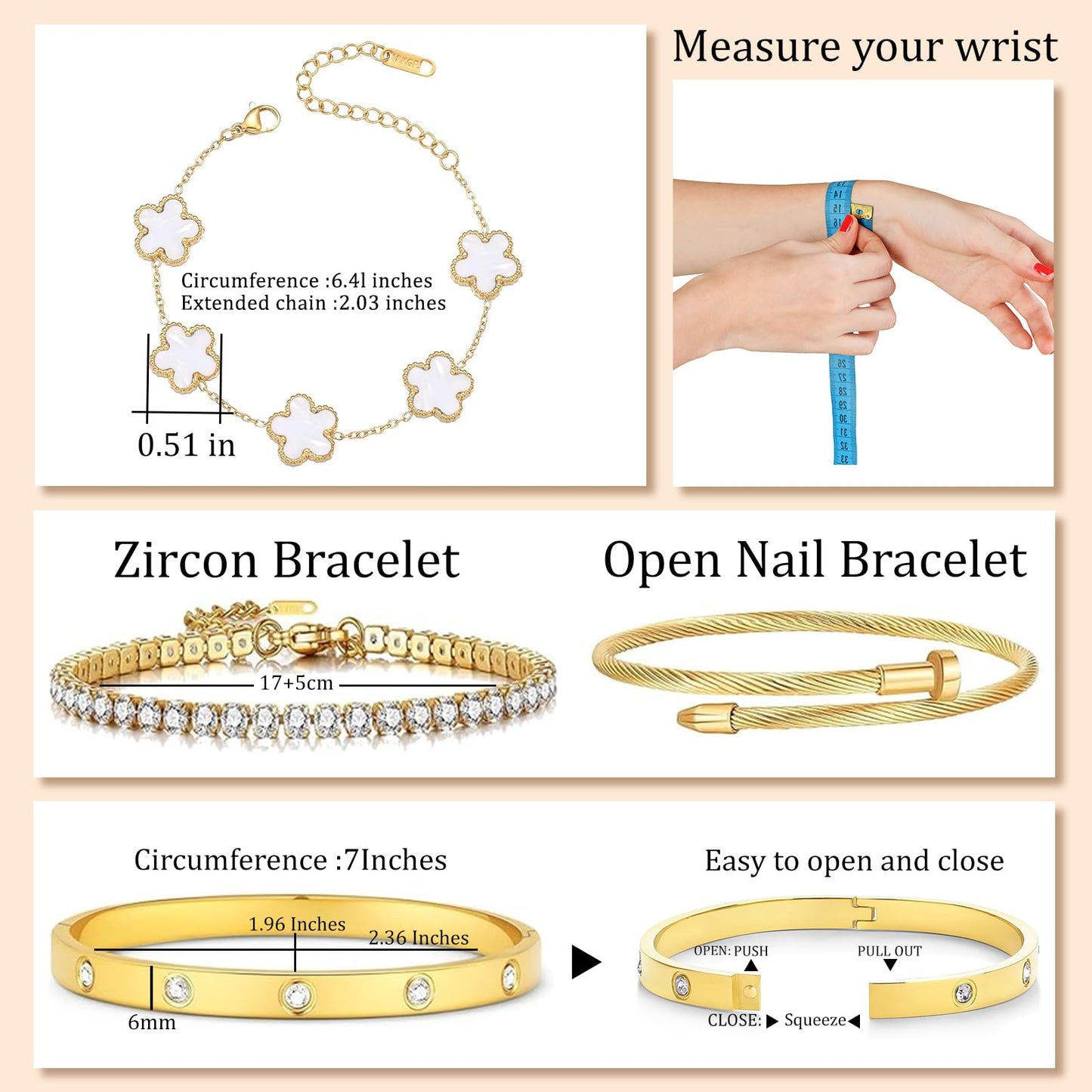MEIERYA 18K Gold Plated Womens Stackable Floral Bracelets Set,Twisted Cable Bangle,Trendy Jewelry,Waterproof adjustable bracelet,Christmas Birthday Gifts for Girlfriend or Mother. (04-Color-white)