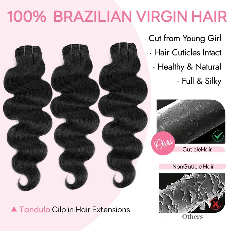 Tandulo Clip in Hair Extensions Real Human Hair Body Wave 1 Jet Black Clip in 100% Brazilian Remy Human Hair Extensions 8pcs Per Set with 18 Clips Double Weft 16 Inch 90g/3.6oz