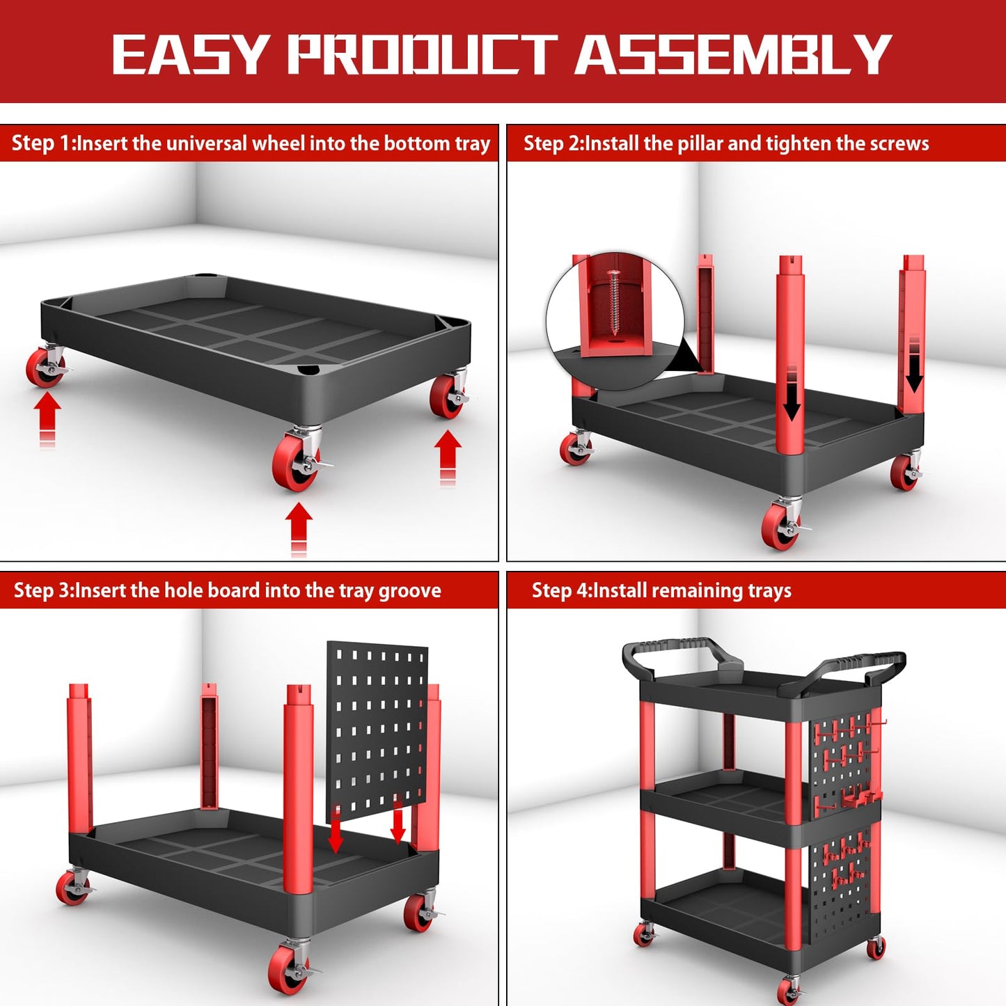 AIRAJ Rolling Utility Cart | 3-Tier Utility Cart on Wheels | Mechanic Rolling Tool Cart on Wheels | Detailing Carts | Work Carts for Garages,Warehouses,Repair Shops | with Pegboard | 440 Lbs