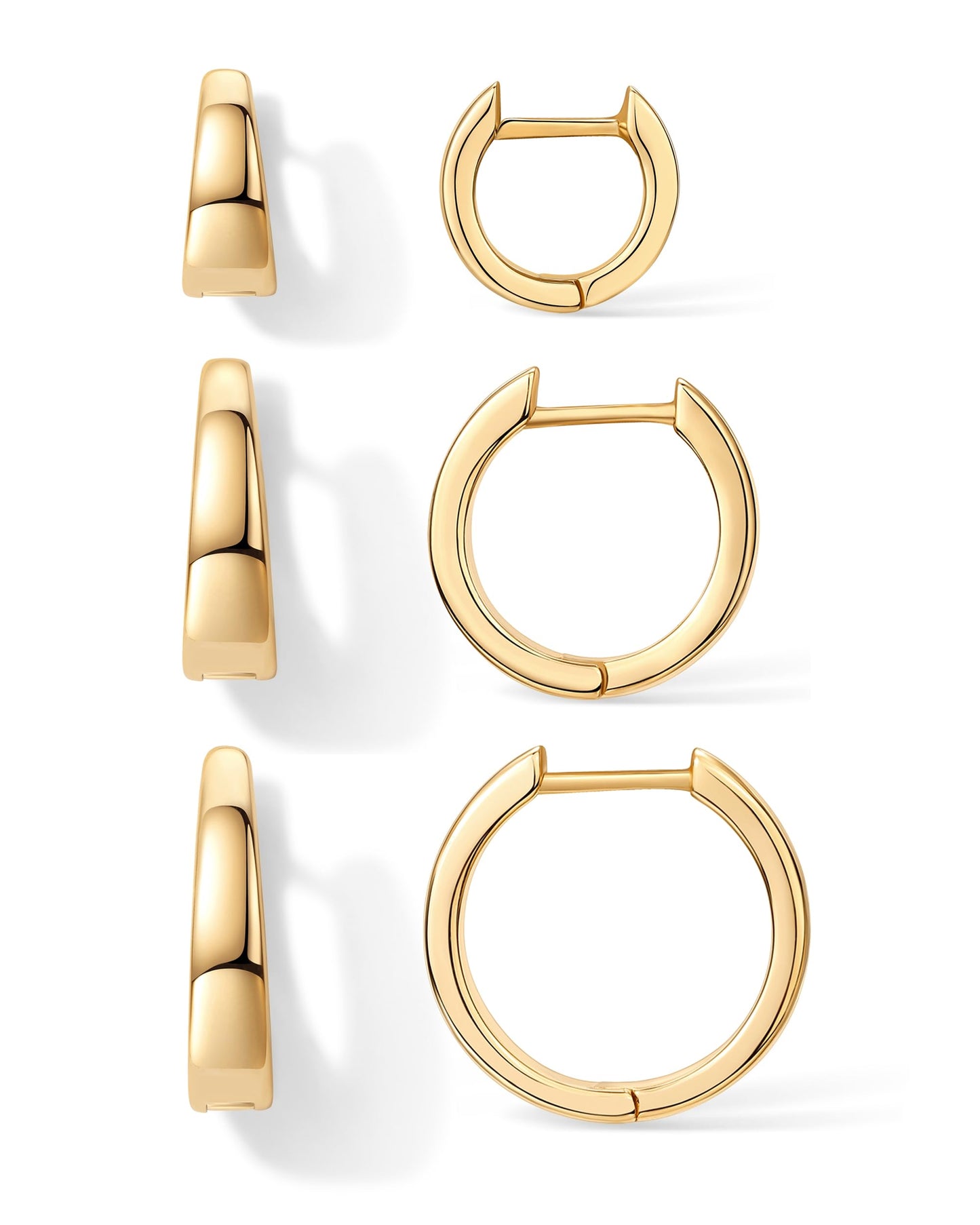 PAVOI 18K Yellow Gold Plated 925 Sterling Silver Posts Three Pairs Small Hoop Earrings for Women - Wide Huggie Earscape Piercing Pack - Gold Hoop Earrings Set