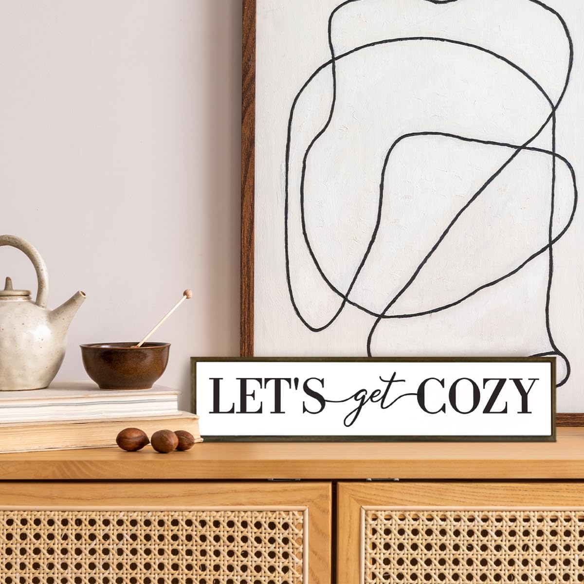 Let's Get Cozy Sign, Framed Wood Sign for Housewarming Gift, Farmhouse Country Wall Signs, Home Wall Decor Wood Framed, Wooden Box Sign Desk Décor, Tiered Tray Decor, Cozy Wall Art