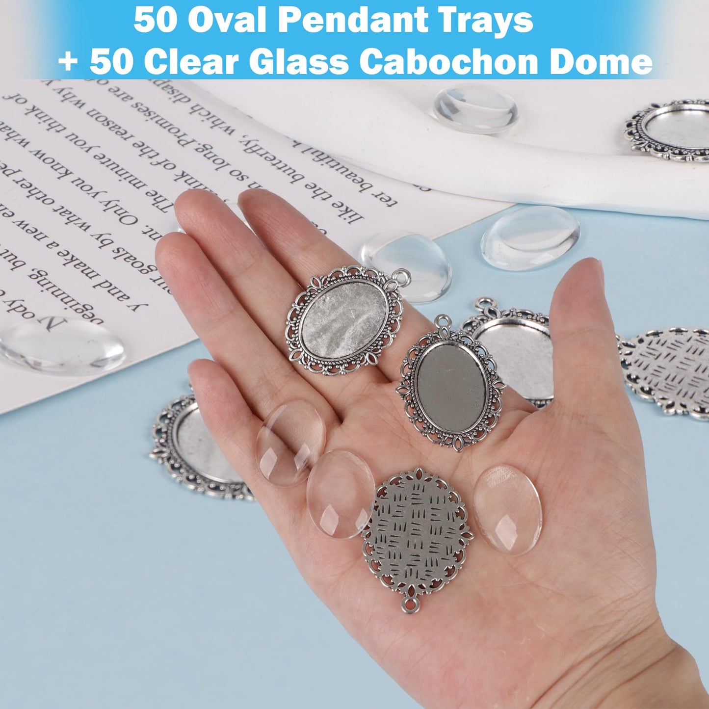 Hilltian 100 Pcs Bezel Pendant Blanks Settings, 50 Oval Pendant Trays Photo Charms with 50 Clear Glass Cabochon for Jewelry Making, DIY Blank Bezels Trays Kit for Crafts, 25x18mm (Antique Silver)