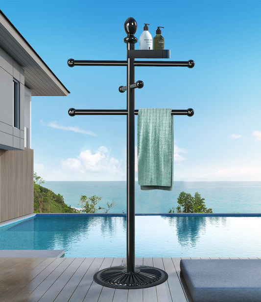 Pool Outdoor Towel Rack, Metal Heavy Duty Never Tilt Pool Accessories with Heavy Metal Base, 6 Bars Hot Tub Accessories Towel Dying Rack Towel Stand for Pool, Spa