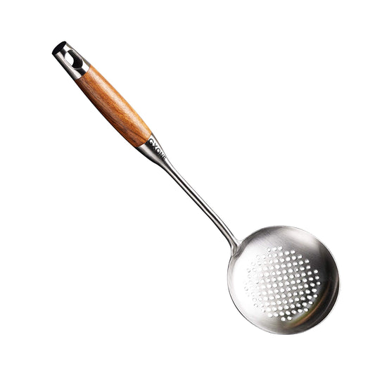 GXONE Slotted Spoon,304 Stainless Steel Skimmer Spoon with Heat Resistant Wooden Handle,Silver/15.8Inch