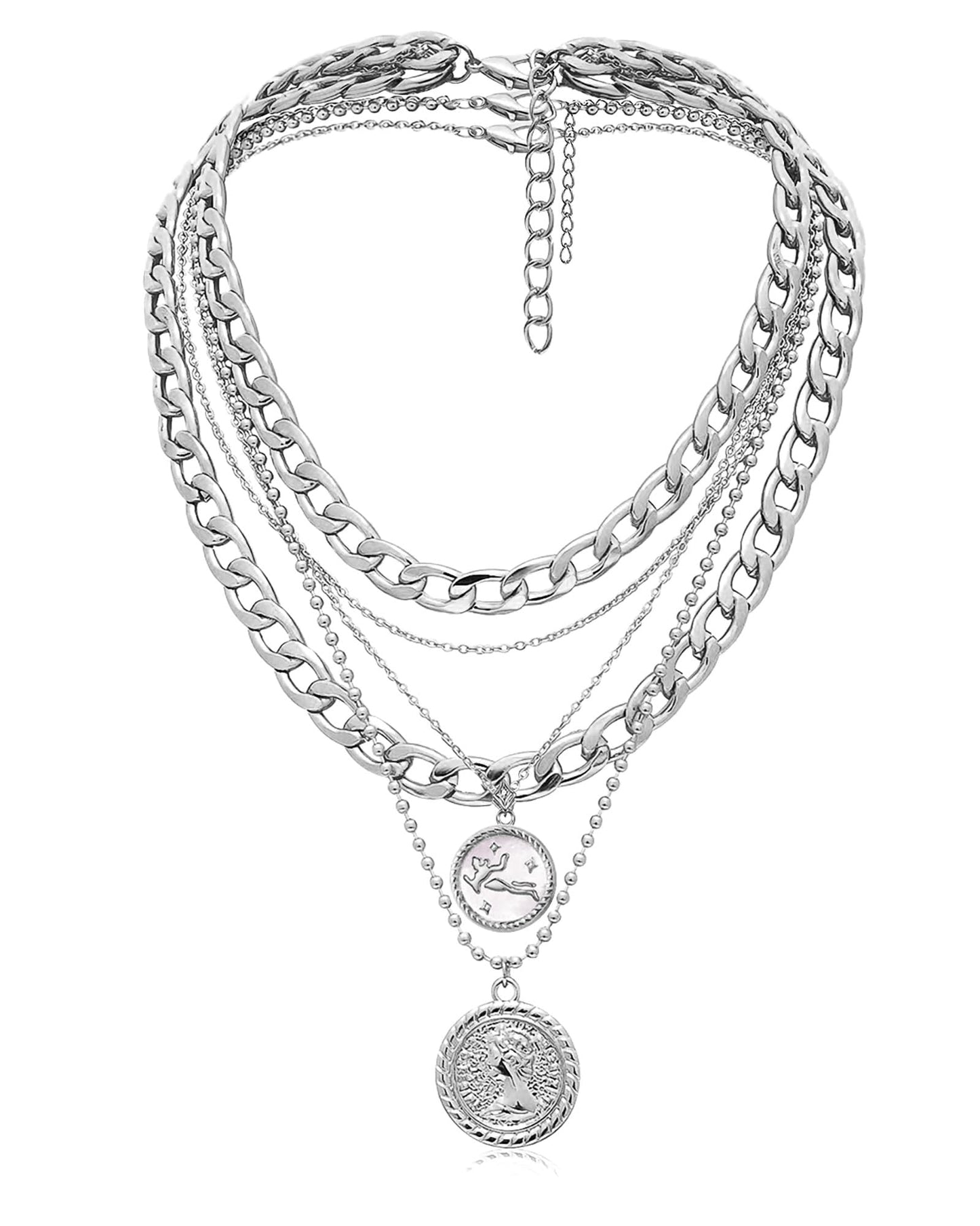 MJartoria Gold Layered Necklaces for Women Trendy Retro Coin Pendant Necklace Dainty Chunky Chain Choker Necklaces for Jewelry Birthday Gifts (Silver, Zodiac-Virgo-3PCS Layered)
