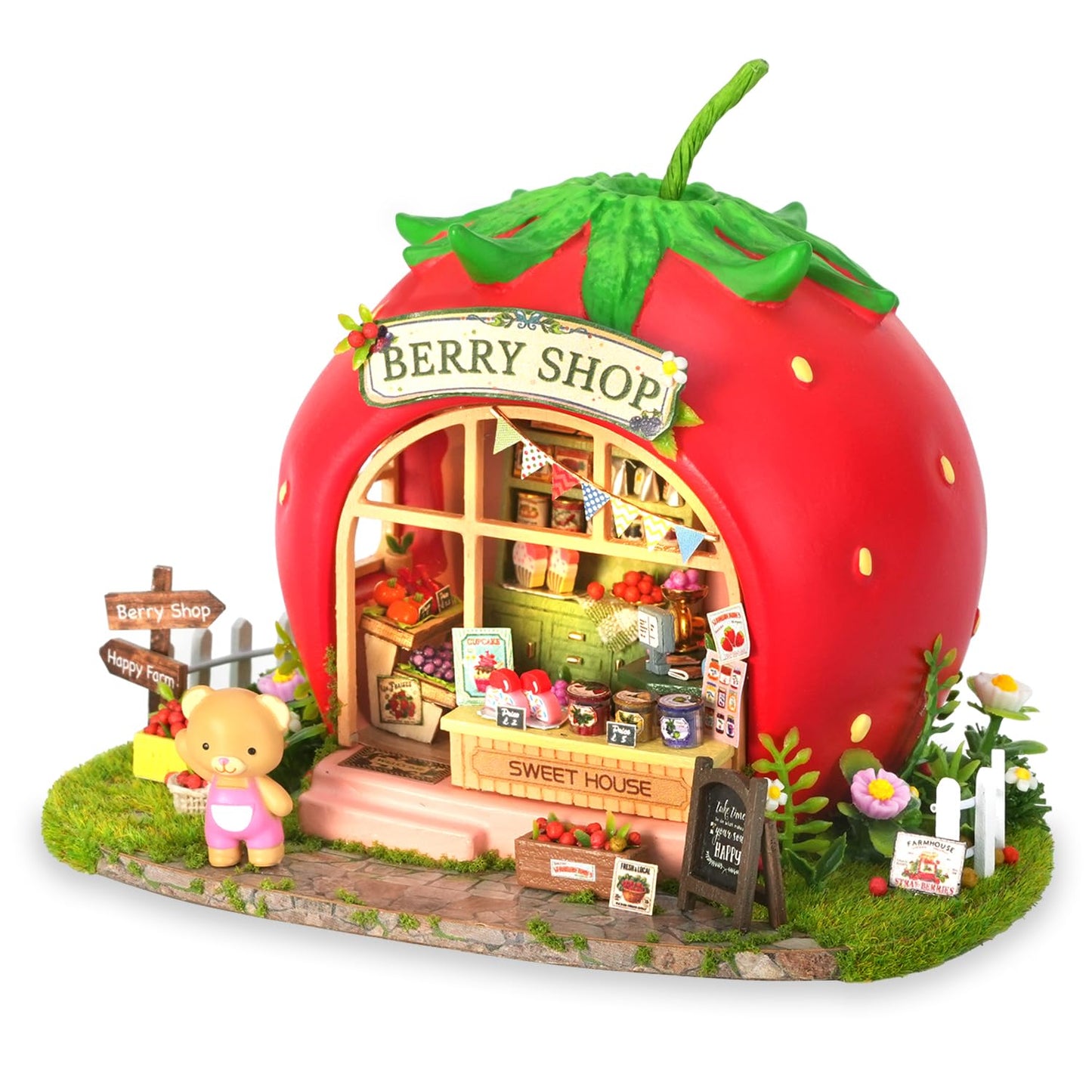 TuKIIE DIY Miniature House Kit with Furniture, 1:100 Scale Creative Room Mini Wooden Dollhouse Book Nook for Kids Teens Adults(Berry Shop)