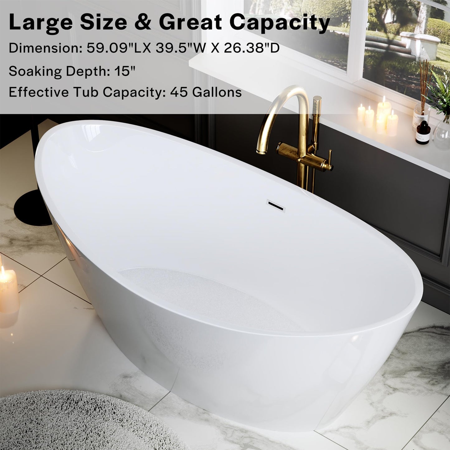 Empava Freestanding Bathtub, Acrylic Soaking Tub with Brushed Nickel Drain & Overflow – Modern Standalone Shower Tub, Non-Slip Flat Bottom Design, Glossy White, 59 Inch,cUPC Certified