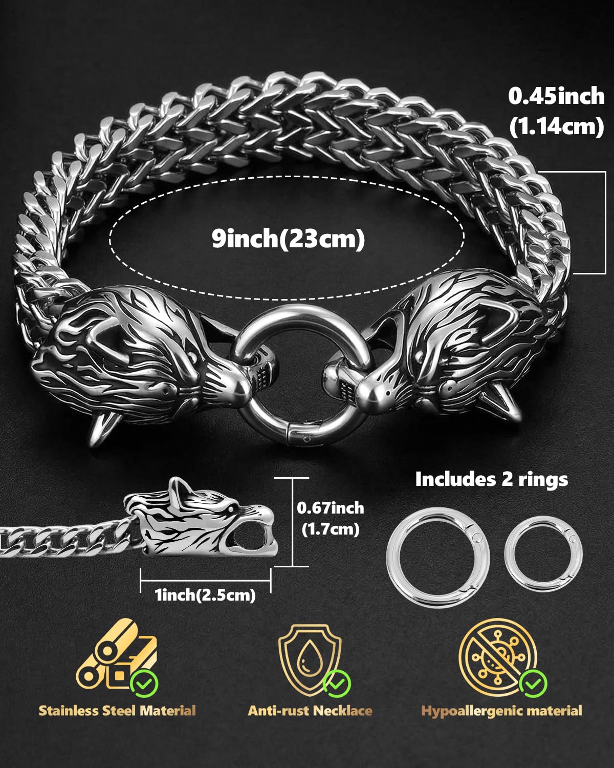 LuxGoth Stainless Steel Wolf Head Heavy Cuban Link Chain Bracelet Gothic Punk Rock Biker Vintage Viking Animal Franco Link Curb Bracelet Jewelry for Men Silver GTS-B1B45701