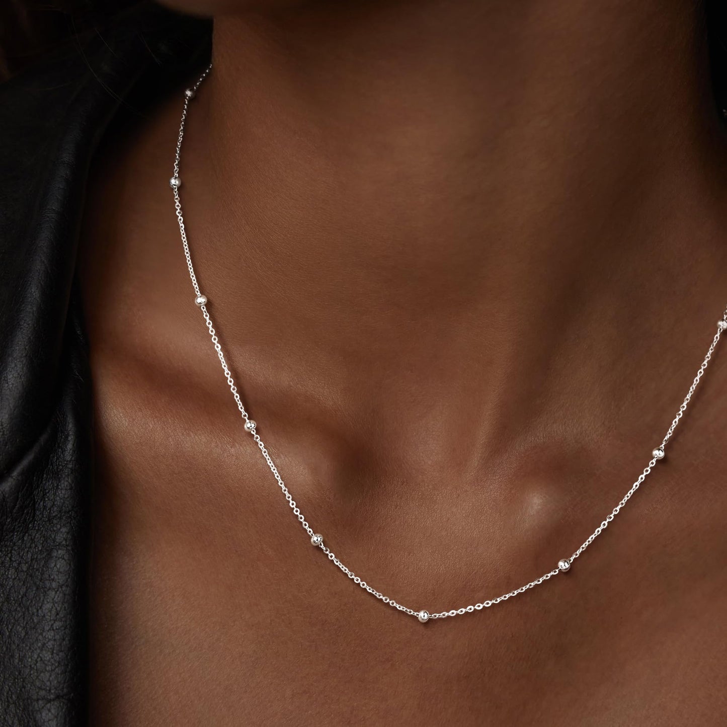 MBW 925 Sterling Silver Necklace for Women, Sterling Silver Beaded Chain Dainty Thin Choker Necklaces for Women Trendy Minimalist White Link Chains Necklace Waterproof Simple Small Cute Jewelry