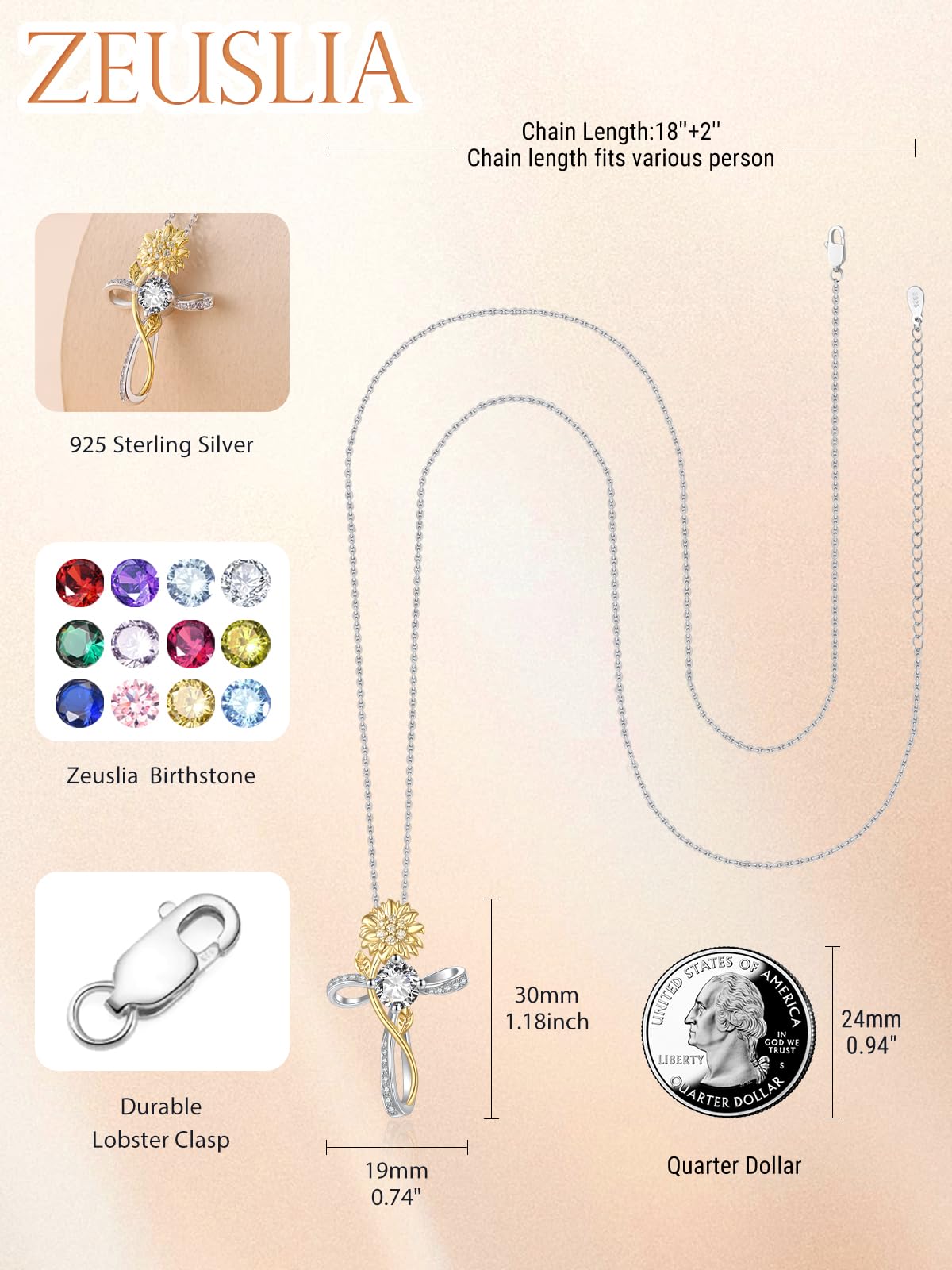 Zeuslia Cross Necklace for Women Sterling Silver Cross Pendant Jewelry with Sunflower CZ April Birthstone Necklace Christian Religious Baptism First Communion Confirmation Birthday Gifts for Women