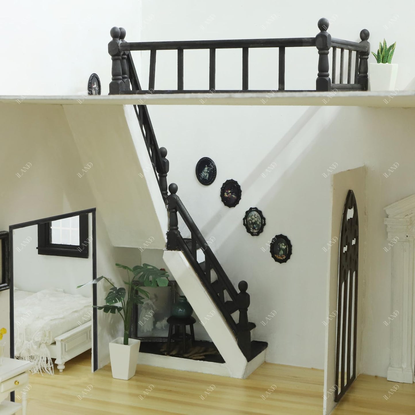 iLAND 1/12 Scale Accessories of Miniature Wooden Dollhouse Staircase with Adjustable Handrails and DIY Railing Complete 2 Stairs Sets for Modern or Victorian Dollhouse Building