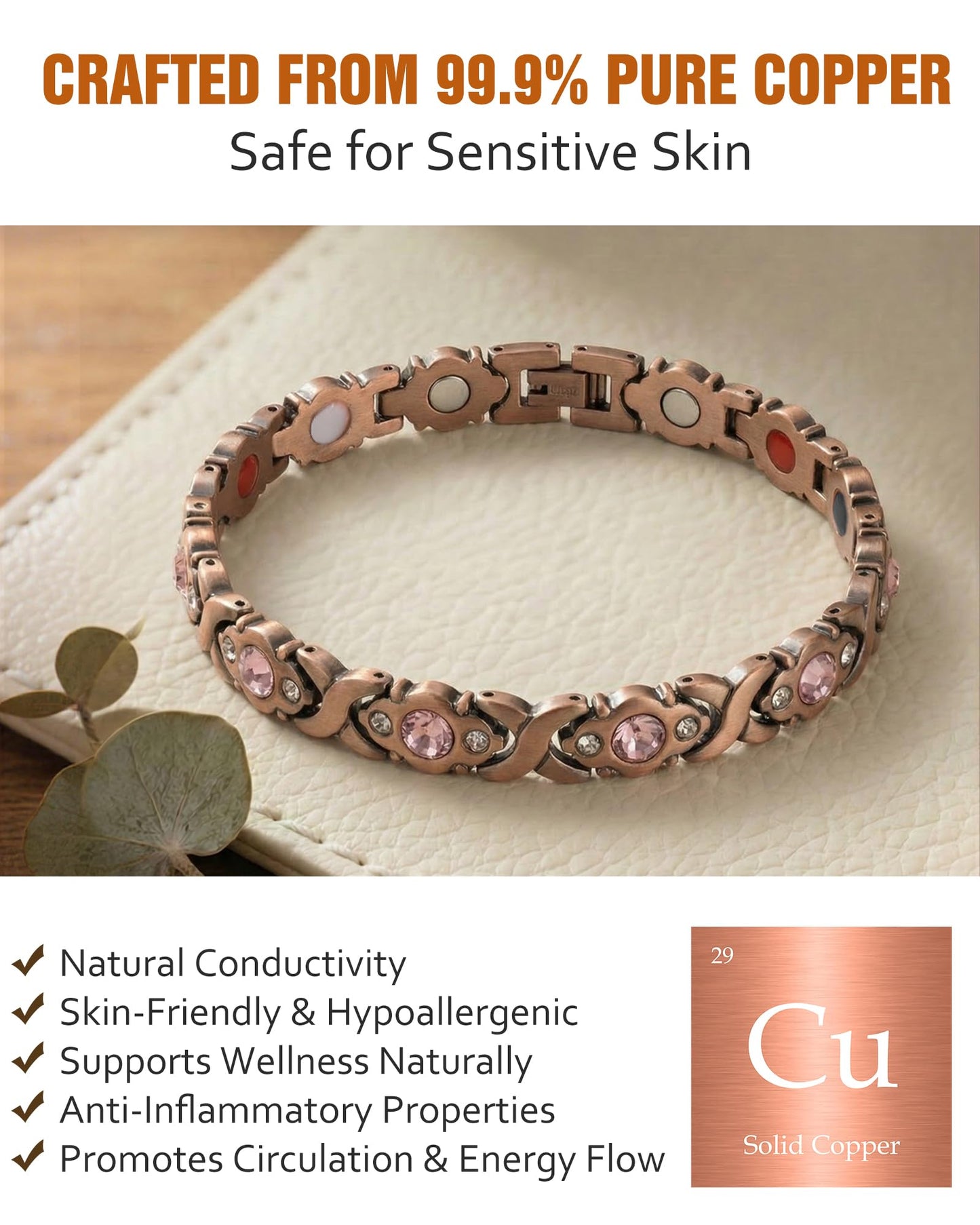Jecanori Pure Copper Bracelet for Women, Effective Magnetic Bracelet With 4 Element Magnets & Sparkling Cubic Zirconia, Ideal Jewelry Gift