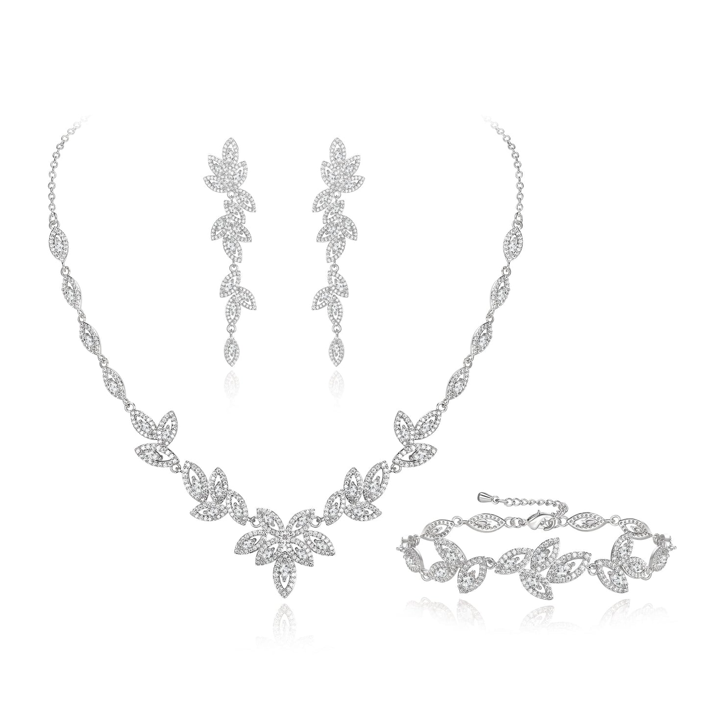 EVER FAITH Cubic Zirconia Bridal Jewelry Set for Bride Bridesmaid, Elegant Marquise Leaf Necklace Dangle Earrings Bracelet Sets for Woman Clear