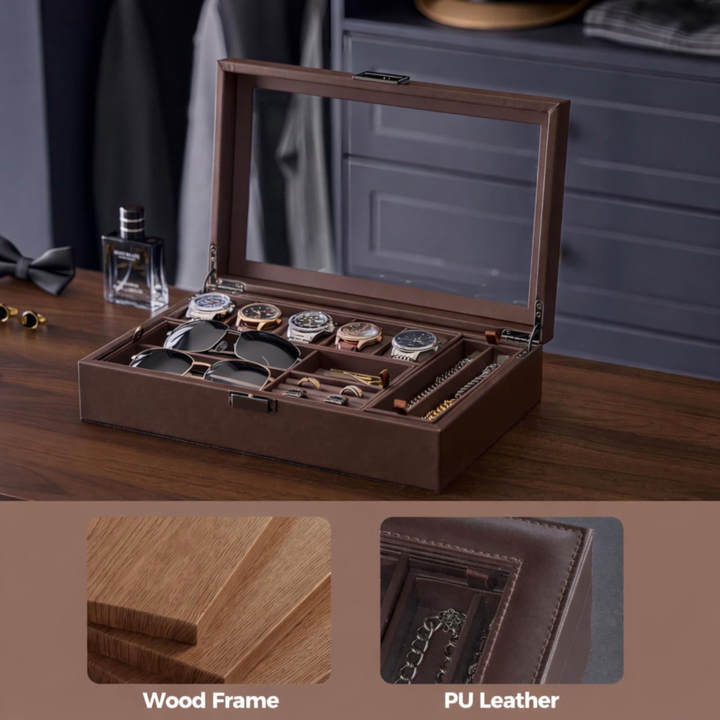 ProCase Men's Jewelry Box, 5-Slot Wood Watch Display Case Jewellry Storage Organizer for Sunglasses Rings Accessories with Hidden Compartment, Watch Holder with Glass Lid, Gift for Men -Espresso
