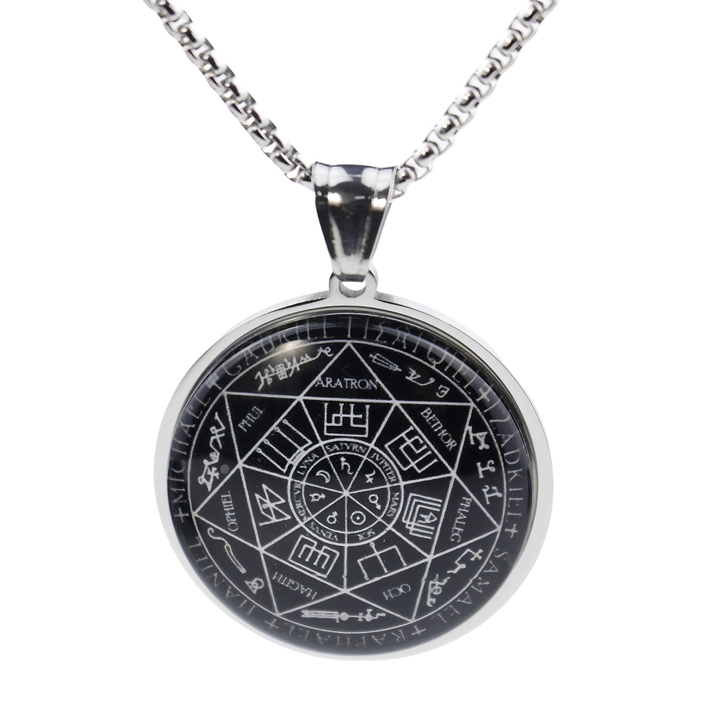 Seven Angel Medal Pendant Stainless Steel Glass Solomon Talisman Necklace Guardian Jewelry Men and Women 24 inch Gift Set (silvery)