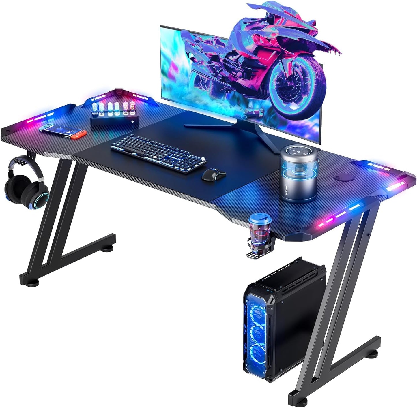 HLDIRECT 55 Inch Gaming Desk with LED Lights Carbon Fibre Surface Gaming Table Large Computer Desk Ergonomic Home Office Desks Z Shaped PC Gamer Workstations with Cup Holder & Headphone Hook Black