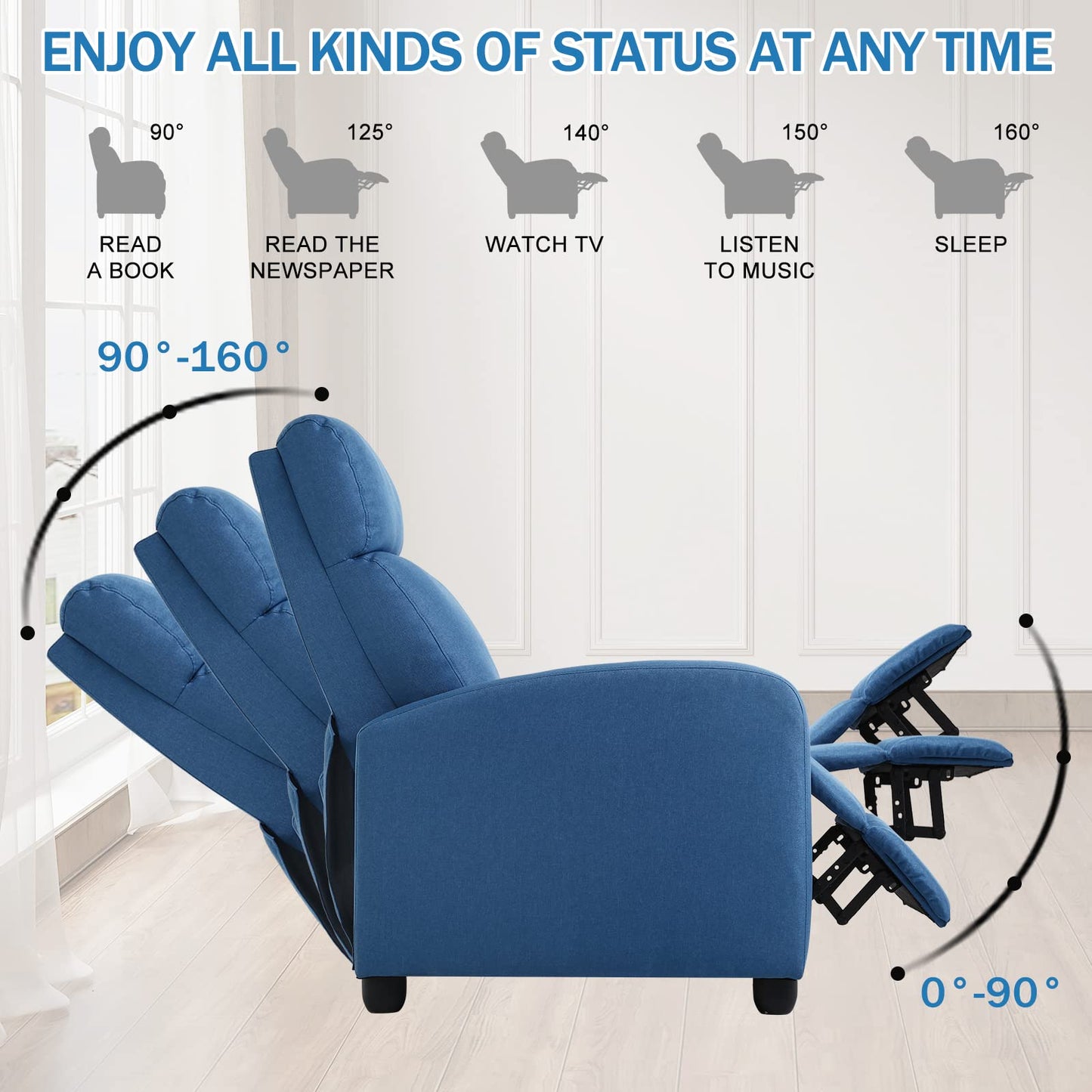 Living Room Recliner Chair Modern Reclining Easy Lounge Winback Single Sofa Reading Chair Fabric Home Theater Seating Massage Adjustable Accent Armchair w/ Thick Seat Cushion & Backrest, Blue