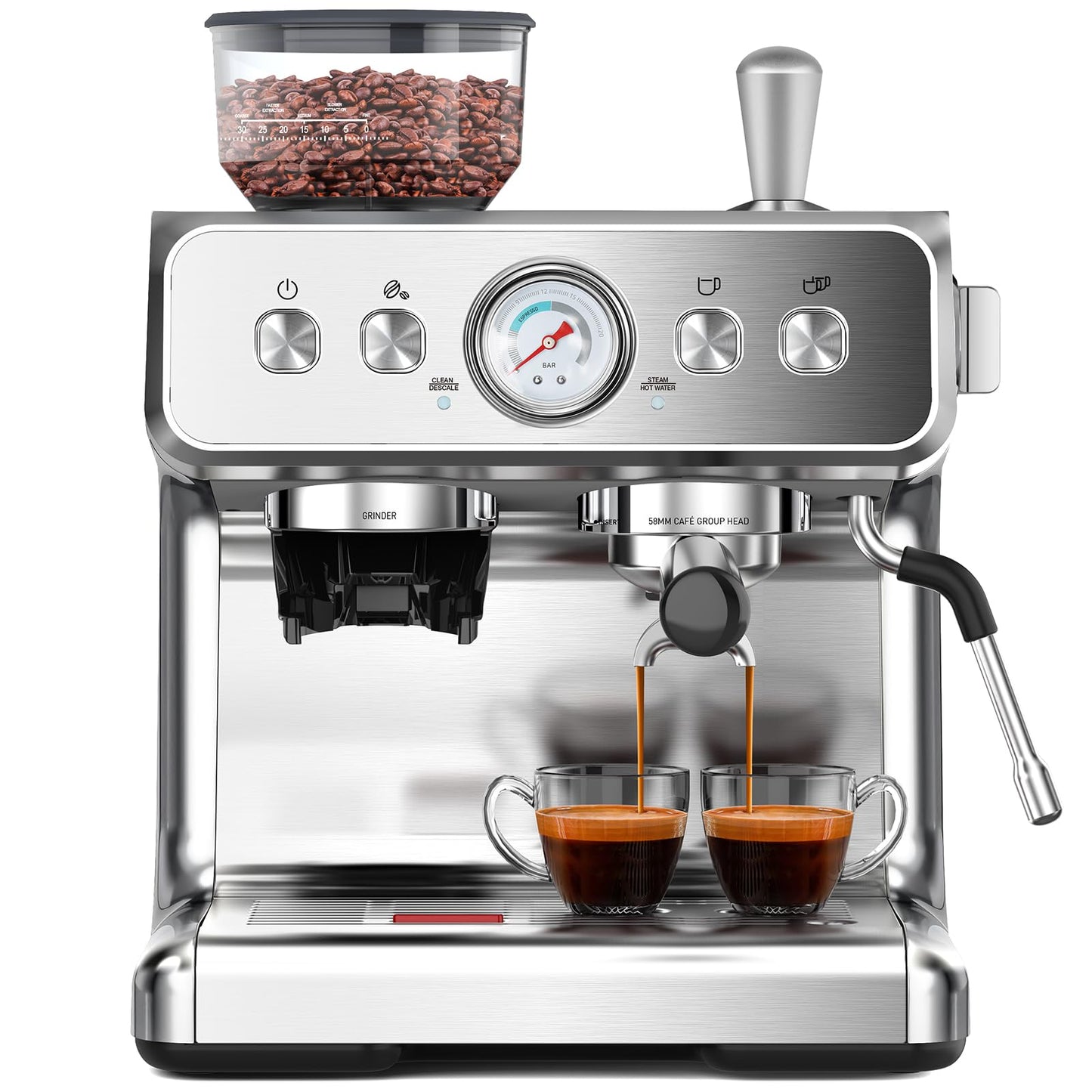 Electactic Espresso Machine with Built-in Grinder, Professional 20 Bar Cappuccino & Latte Machines with Milk Frother, 3-in-1 Stainless Steel Espresso Coffee Maker for Home, Office or Cafe