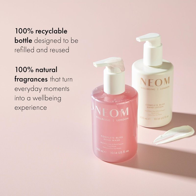 Neom Complete Bliss Hand Wash, 300ml | Blush Rose, Lime & Black Pepper I Natural colour derived from gardenia fruit I 100% Recyclable Bottle I Refillable