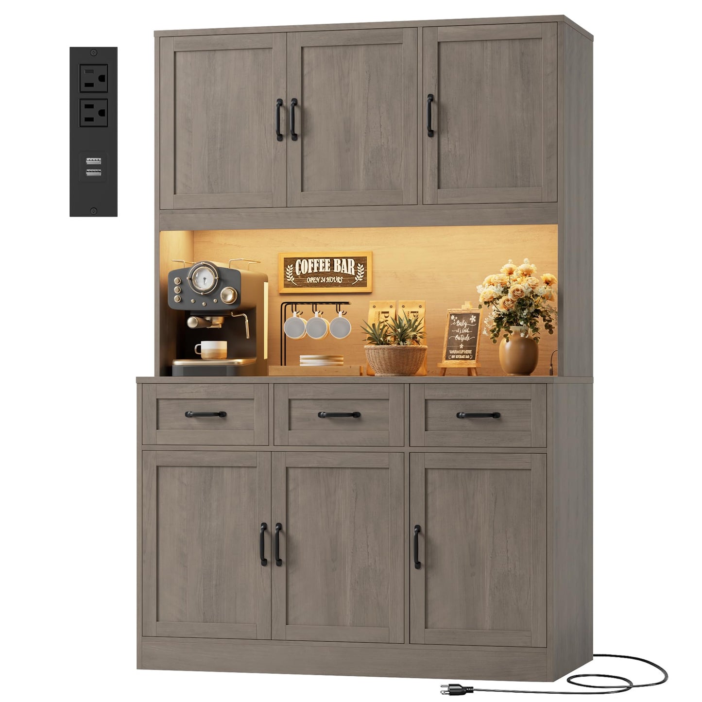 HOSTACK 72" Tall Kitchen Pantry Cabinet with Charing Station | LED Lights, 47" W Kitchen Pantry Storage Cabinet with Countertop, Modern Kitchens Hutch Cabinets with Storage for Dining Room, Ash Gray
