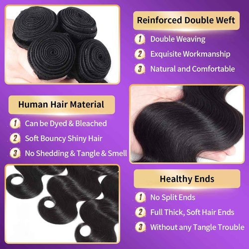 12A Human Hair Bundles 3 Bundles with Closure 16 18 20+14 Inch Brazilian Body Wave Bundles with 4x4 HD Lace Closure 100% Unprocessed Virgin Quick Weave Natural Black