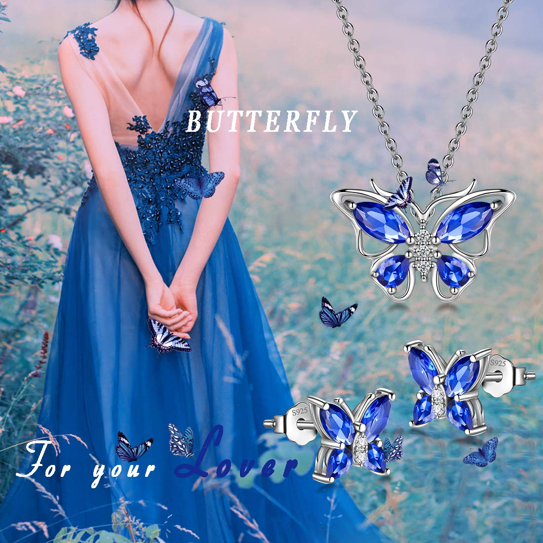 Hipunk Butterfly Blue Jewelry Sets Birthstone Women 925 Sterling Silver September-Sapphire Birth Stone Animal Butterflies Jewelry Sets/Earring Set Crystal Birthday Jewelry SS0001S