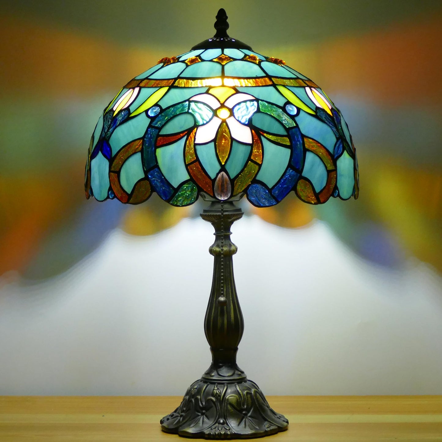 WFAYNTIFL Tiffany Lamp Stained Glass Table Lamp Antique Bedside Reading Light W12H19 Inches (Sea Blue Baroque)
