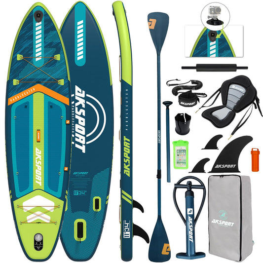 AKSPORT 11' Inflatable Stand-Up Paddle Board with Upgraded SUP Accessories Kit | Extra Wide 34" Design | Non-Slip Deck | Premium SUP Board for Adults & Youth of All Levels