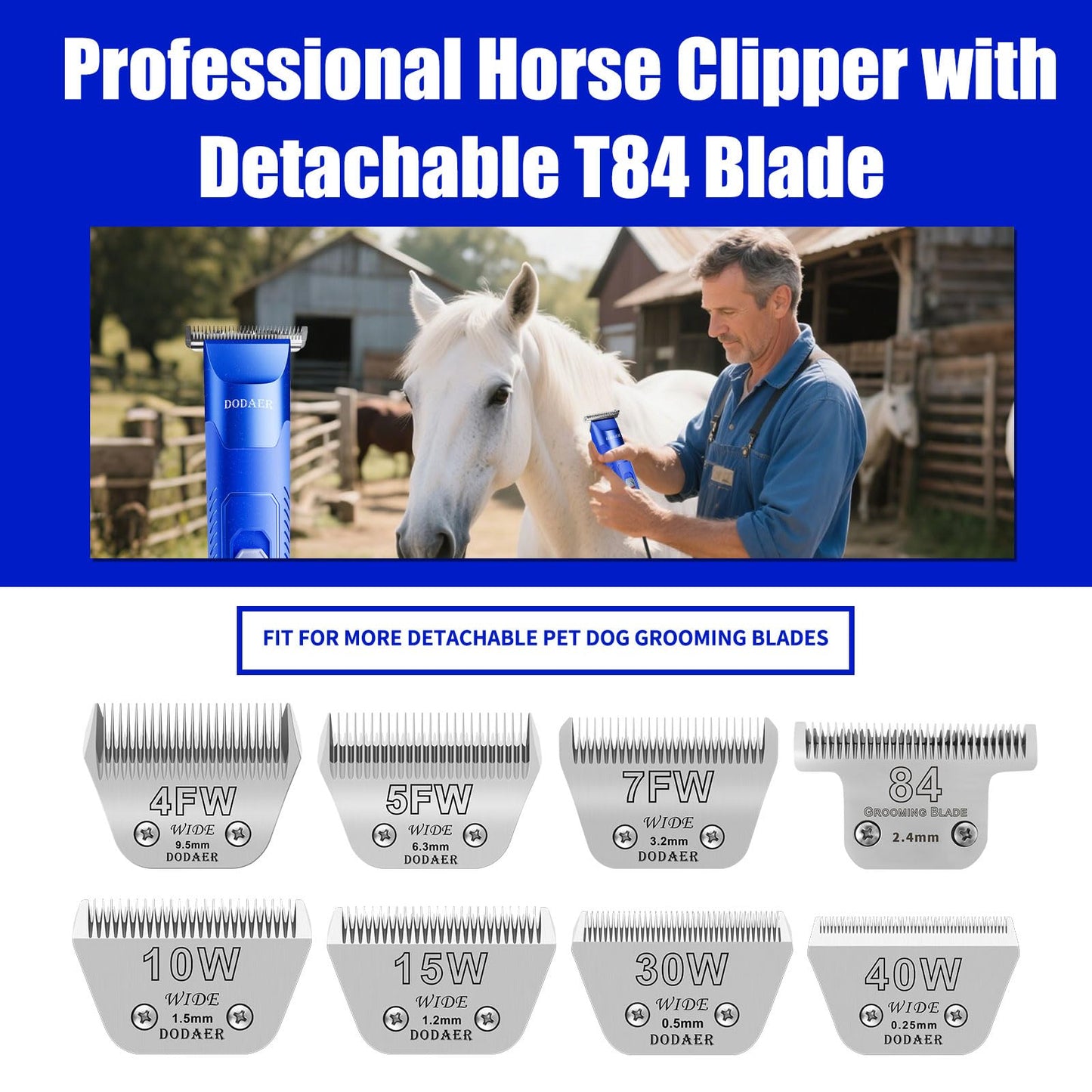 DODAER Professional Grooming Electric Corded 2-Speed Horse Clipper with Detachable Blade - Cool & Quiet Running Design - Includes Size T84 Blade for Complete Horse Grooming - Blue