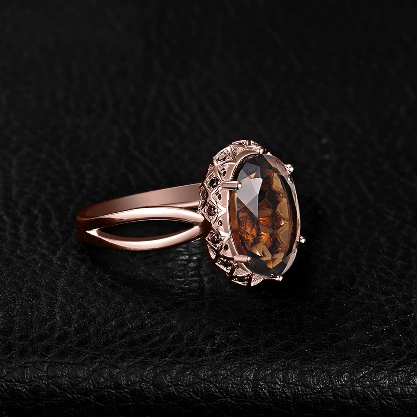 JewelryPalace Huge Oval Shape 5.7ct Genuine Smoky Quartz Cocktail Rings for Her, 14K Rose Gold Plated 925 Sterling Silver Ring for Women, Natural Gemstone Jewelry Sets Rings 9