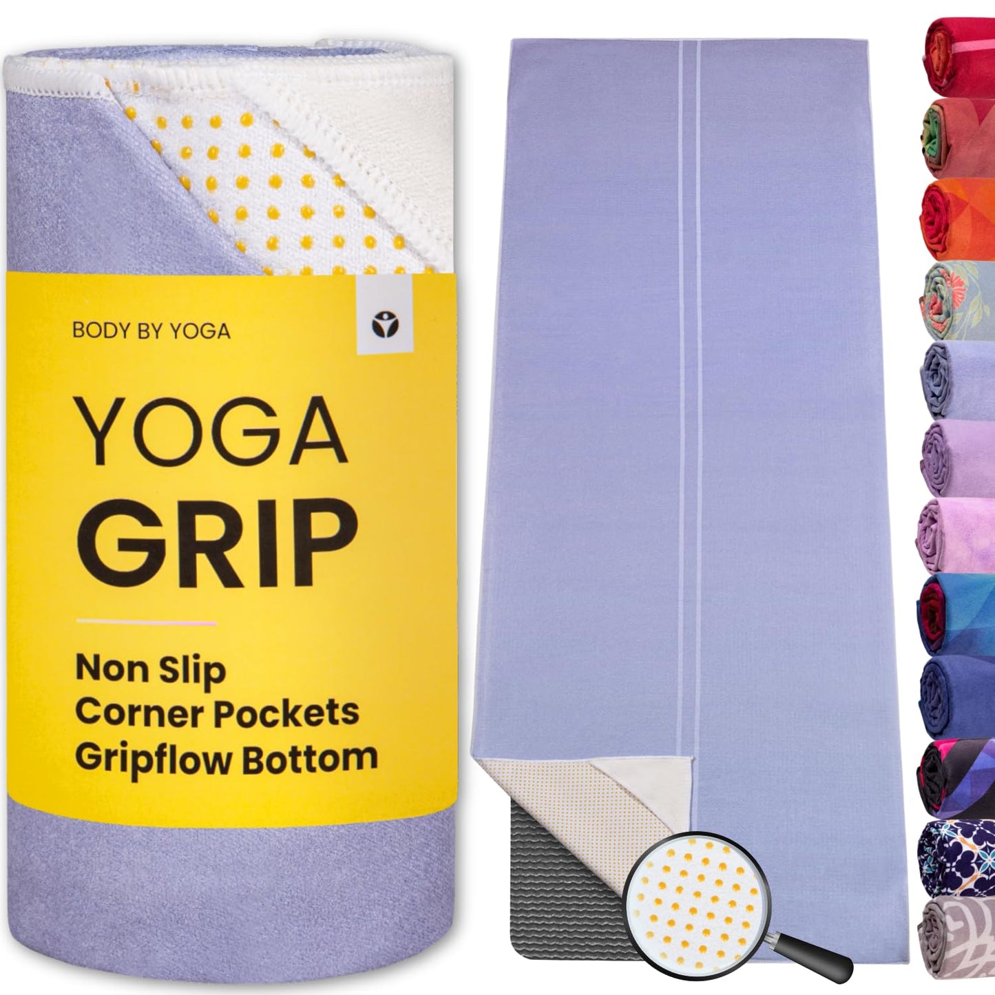 Yoga Grip Yoga Towel - Non Slip Hot Yoga Mat Towel With Corner Pockets, No-Skid Grip, and Built-in Alignment Lines | Soft, Moisture Wicking, and Sweat Absorbent | No Bunching, Stays in Place 72" x 25"