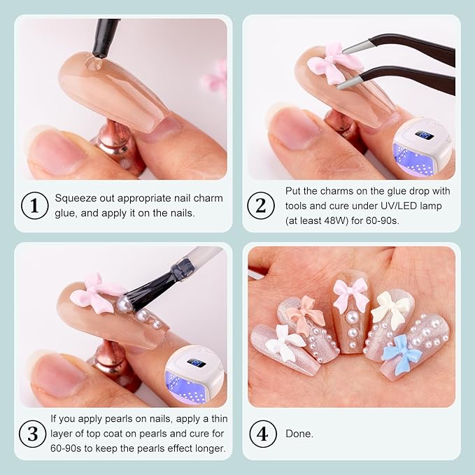 600 Pcs 3D Nail Charms and Flatback Pearls Set 7, 4 Colors Nail Bows Charm + Pink&White Star Heart Moon Cute Nail Jewels + 2-4mm White Nail Pearls for Nail Art DIY Decoration with Pickup Tools