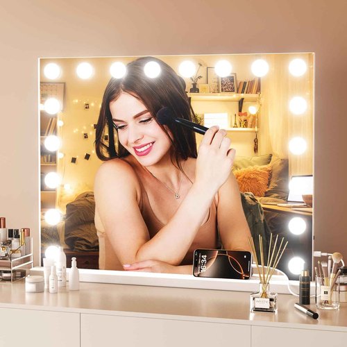 DKGEVEAO Vanity Mirror with Lights-Large Makeup Mirror, 27.6" x21.6'' Hollywood Mirror with USB Charging Port,3 Color Modes,Touch Control, 18 LED Bulbs.10X Spot Mirror, Birthday Gifts for Women