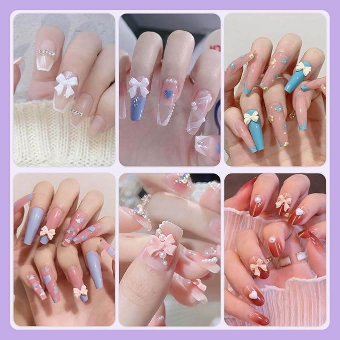 Cute Bow Charms and Flatback Pearls Set - 10, 120 Pcs Pink, White, Lilac Bow Charms + 2-4mm White Nail Pearls with Pickup Tweezer and Pencil for Nail Art Decoration