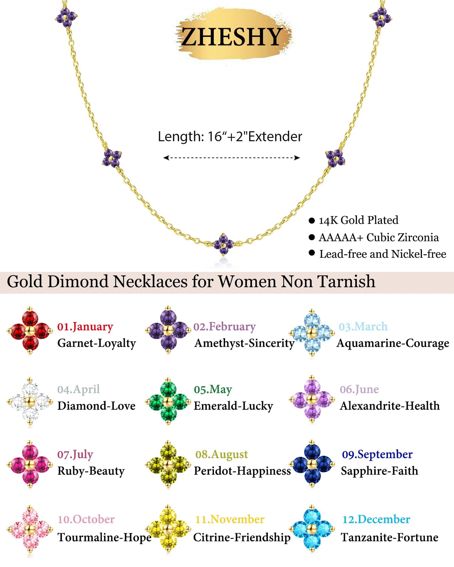 ZHESHY Birthstone Gold Necklace for Women Dainty Non Tarnish 14K Gold Plated Diamond Choker Necklaces Clover Cubic Zirconia Station Necklace Birthday Valentine's Day Gifts Womens Prom Gold Jewelry