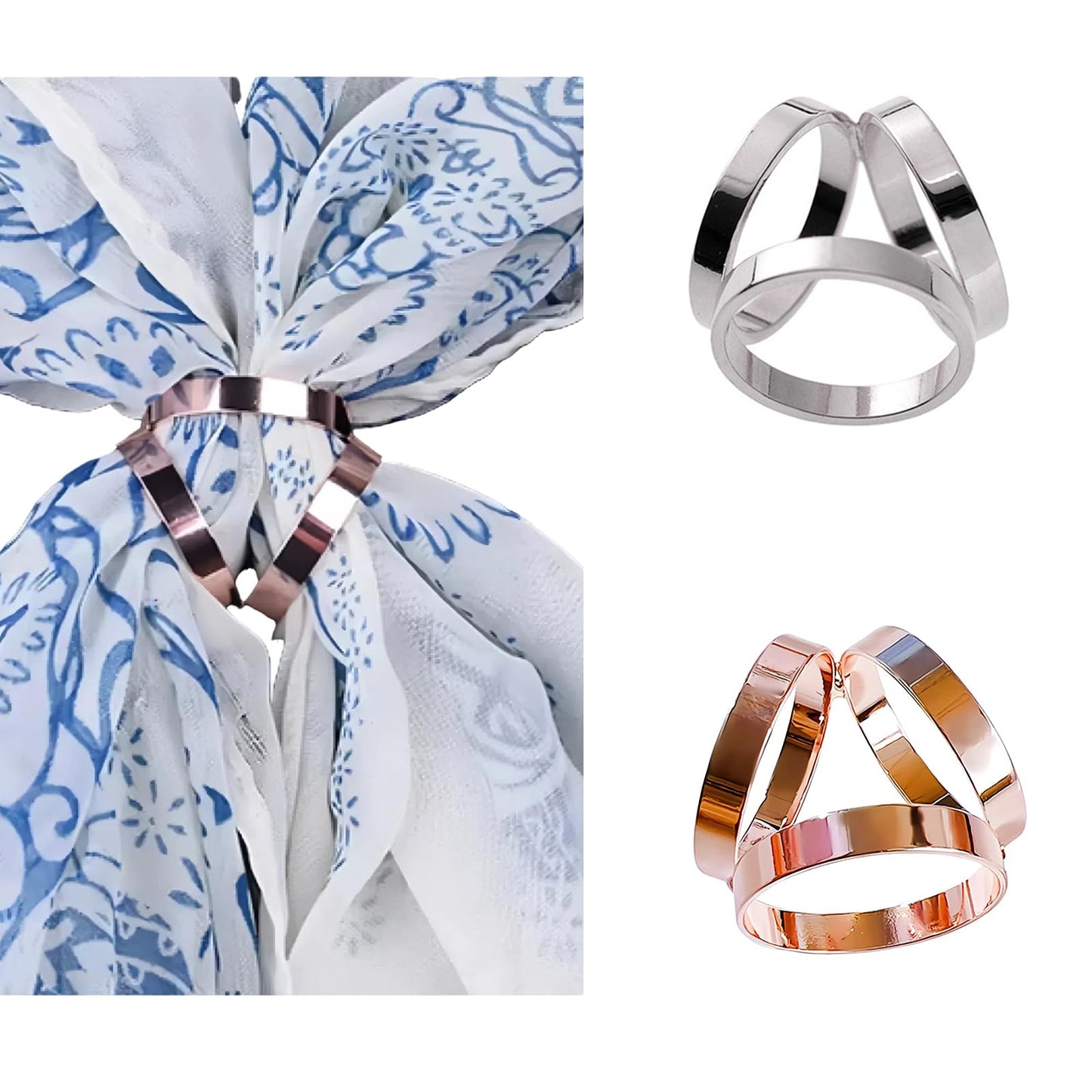 SYWDUDUCLT 2 Pcs Scarf Rings For Women,Simple Triple Metal Scarf Buckle, Rose Gold/Silver