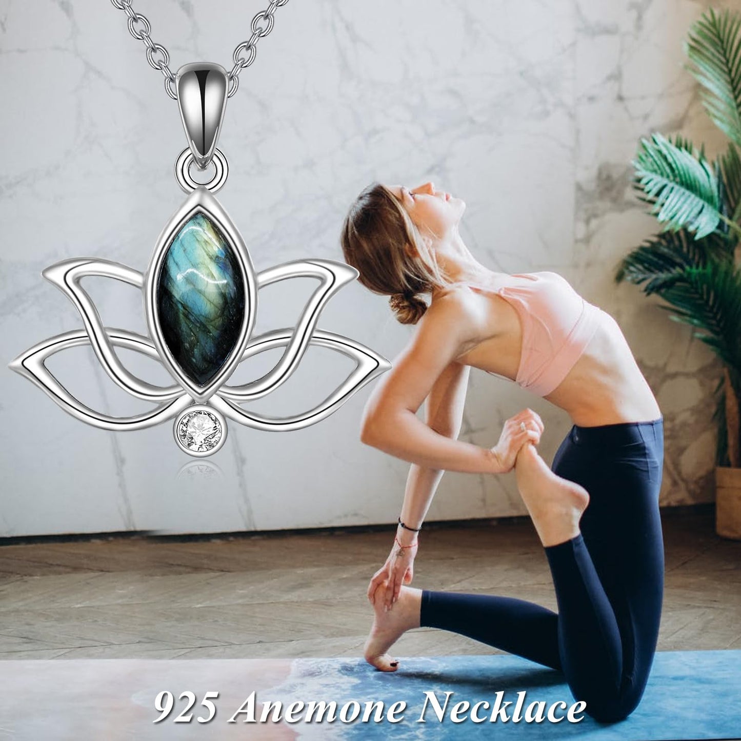 YFN Lotus Necklace Sterling Silver Labradorite Lotus Flower Pendant Yoga Jewelry Gifts for Women