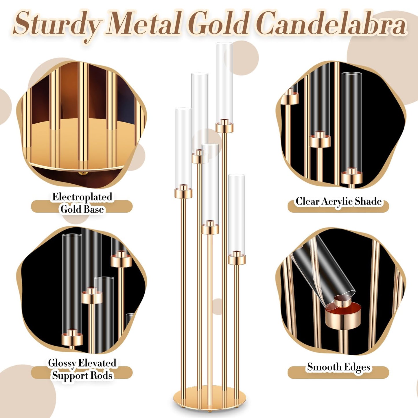 Tandefio 2 Sets Acrylic Candelabra Centerpieces 42.5" Tall Clear Candle Holders Pillar Taper Candlestick with Lampshades 5 Arm Floor Candelabra Stand for Wedding Christmas Ceremony Dinner Party"